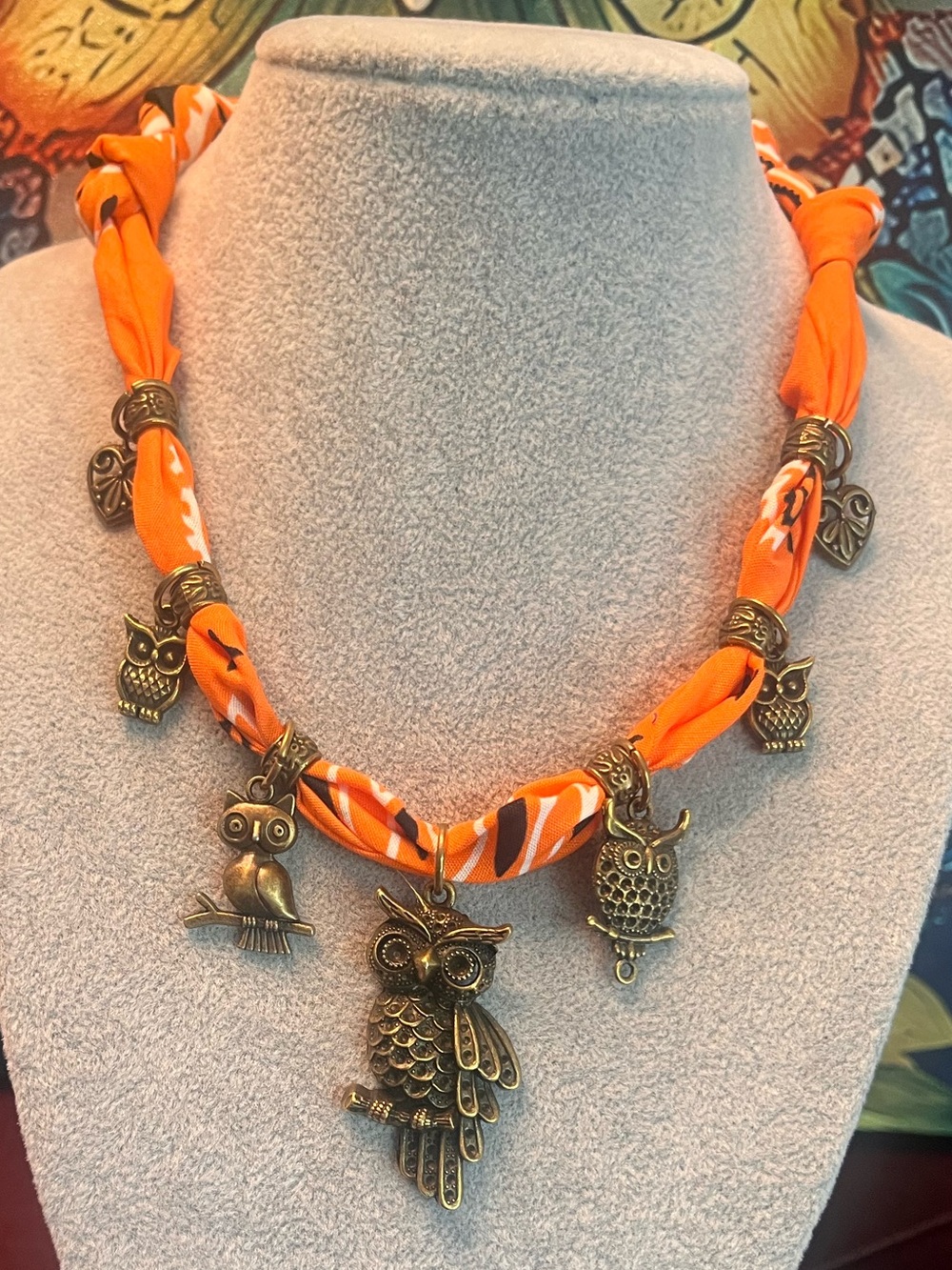 Boho Autumn Owl Orange Bandana Charm Necklace